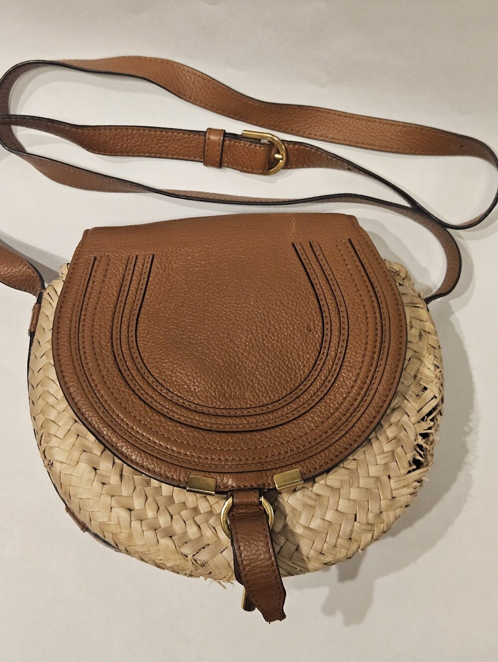 Chloe Mercy Round Woven Shoulder Bag Purse Straw Leather Crossbody READ